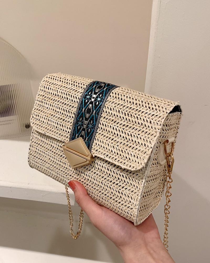 

Tribal Print Chain Strap Flap Straw Bag, Beige