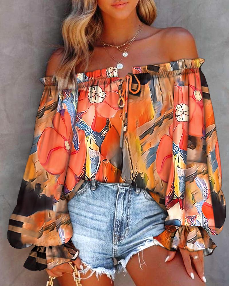 

Floral Print Off Shoulder Lantern Sleeve Top, Multicolor