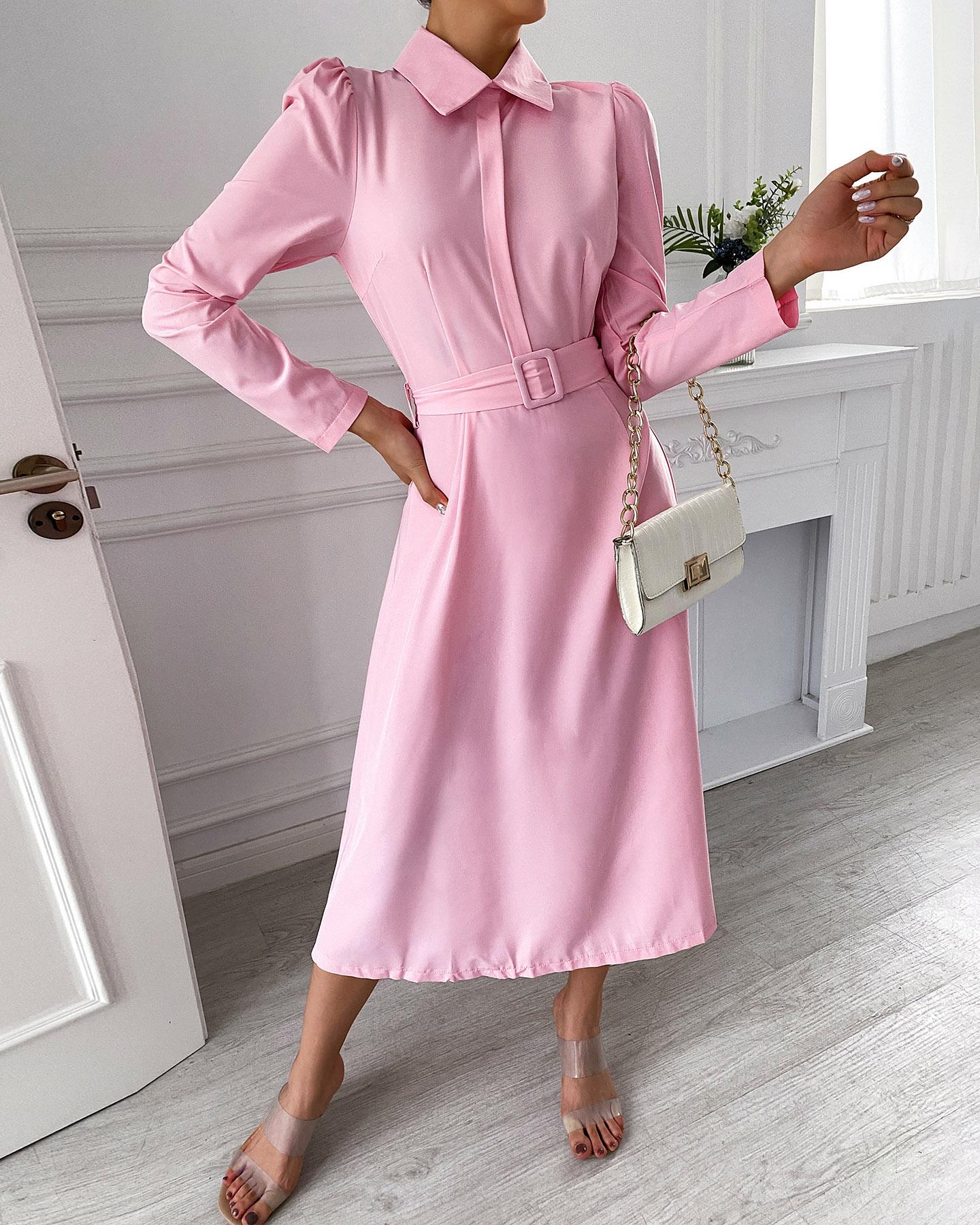 

Puff Long Sleeve Casual Dress With Belt, Pink