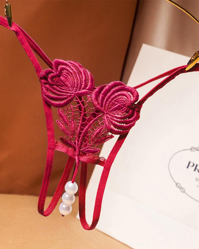 

Sexy Floral Embroidery Splicing Pearls Cut-out Panties, Wine red