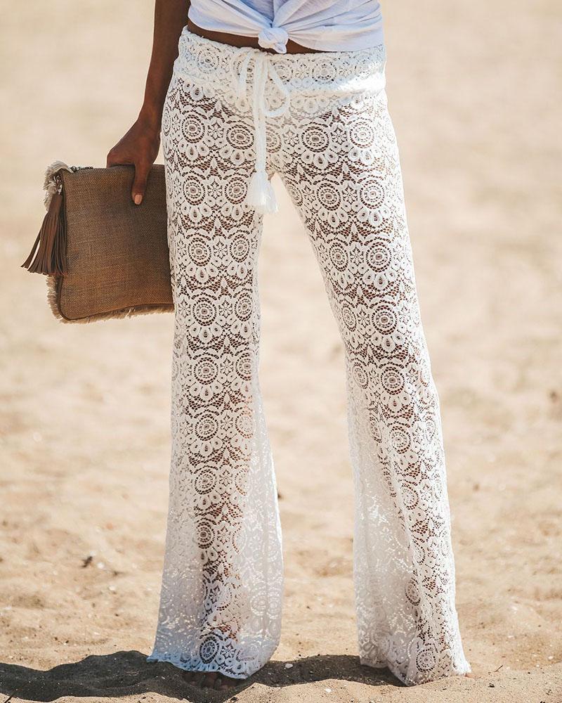 

Drawstring Hollow-Out Crochet Lace Cover Up Pants, White