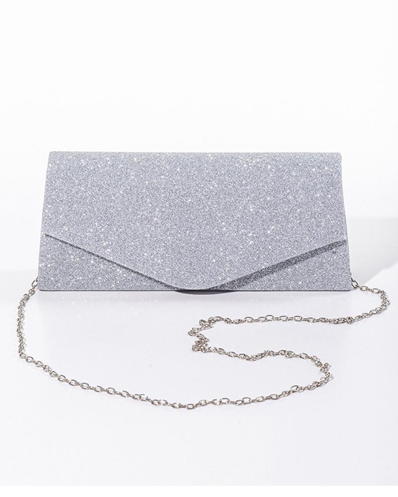 

Glitter Chain Strap Envelope Clutch Bag, Silver