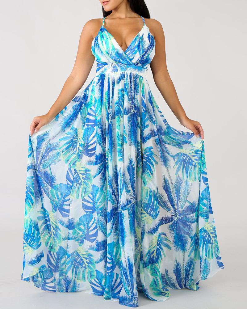 

Floral Print Pleated Backless Slip Maxi Dress, Sky blue