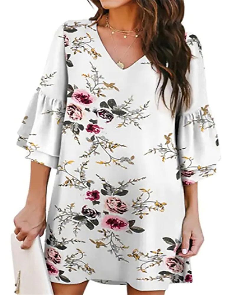 

Flutter Sleeve Ruffles Floral Print Dress, White