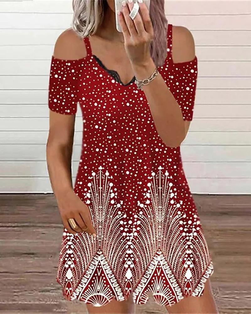 

Allover Print Cold Shoulder Lace Trim Casual Dress, Red