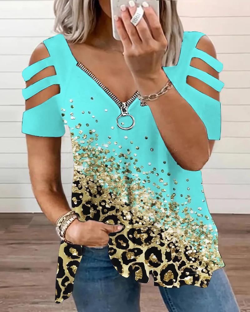 

Plus Size Contrast Leopard Print Cutout Zipper Design T-Shirt, Blue