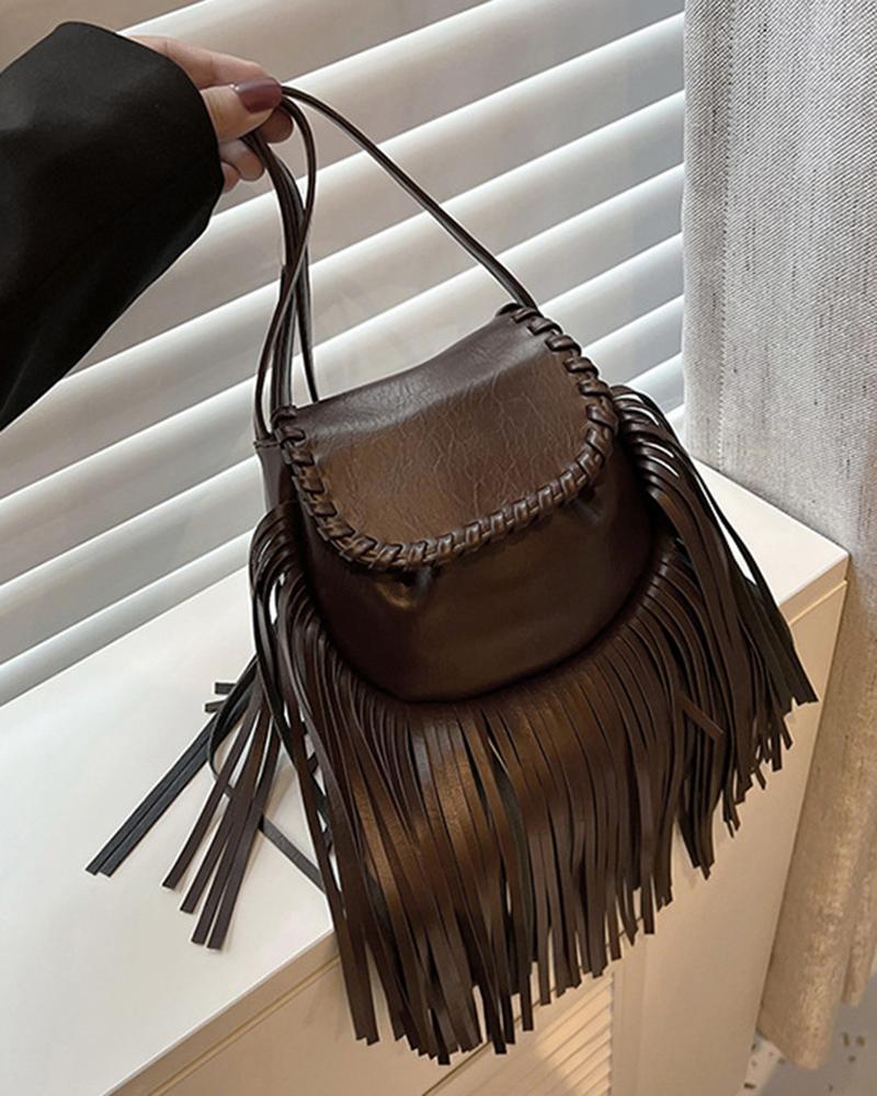 

Fashionable Tassel Design Magnetic Buckled Handbag, Coffee