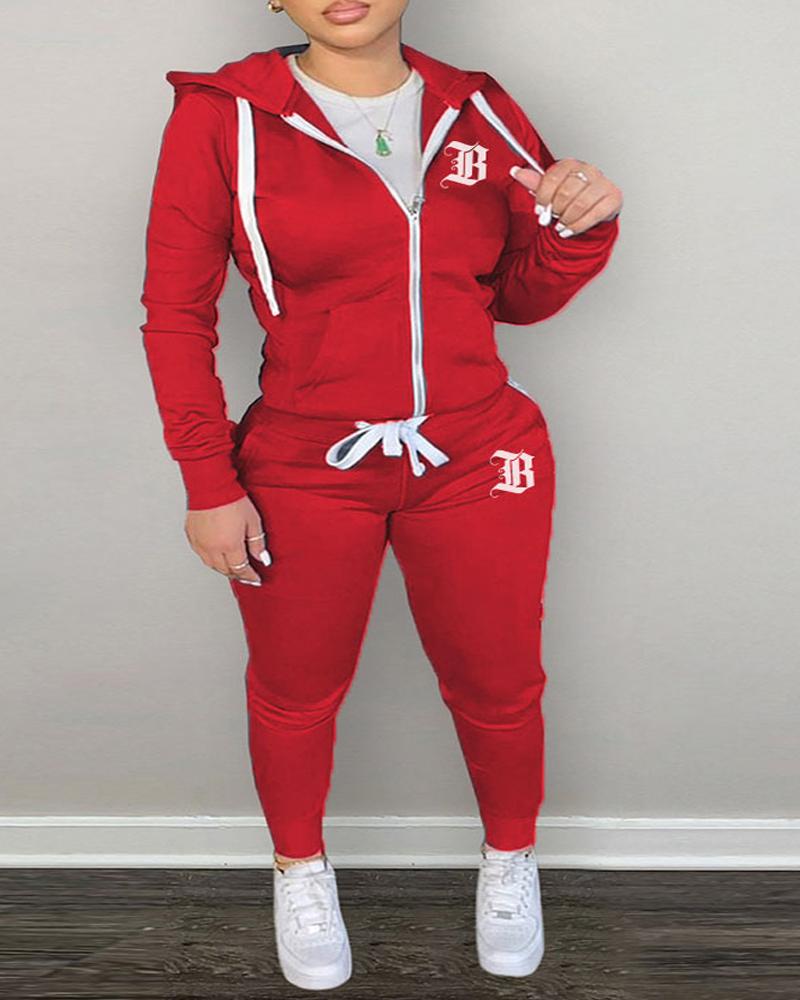 

Plus Size Letter Print Hooded Zip Up Top & Pants Set, Red