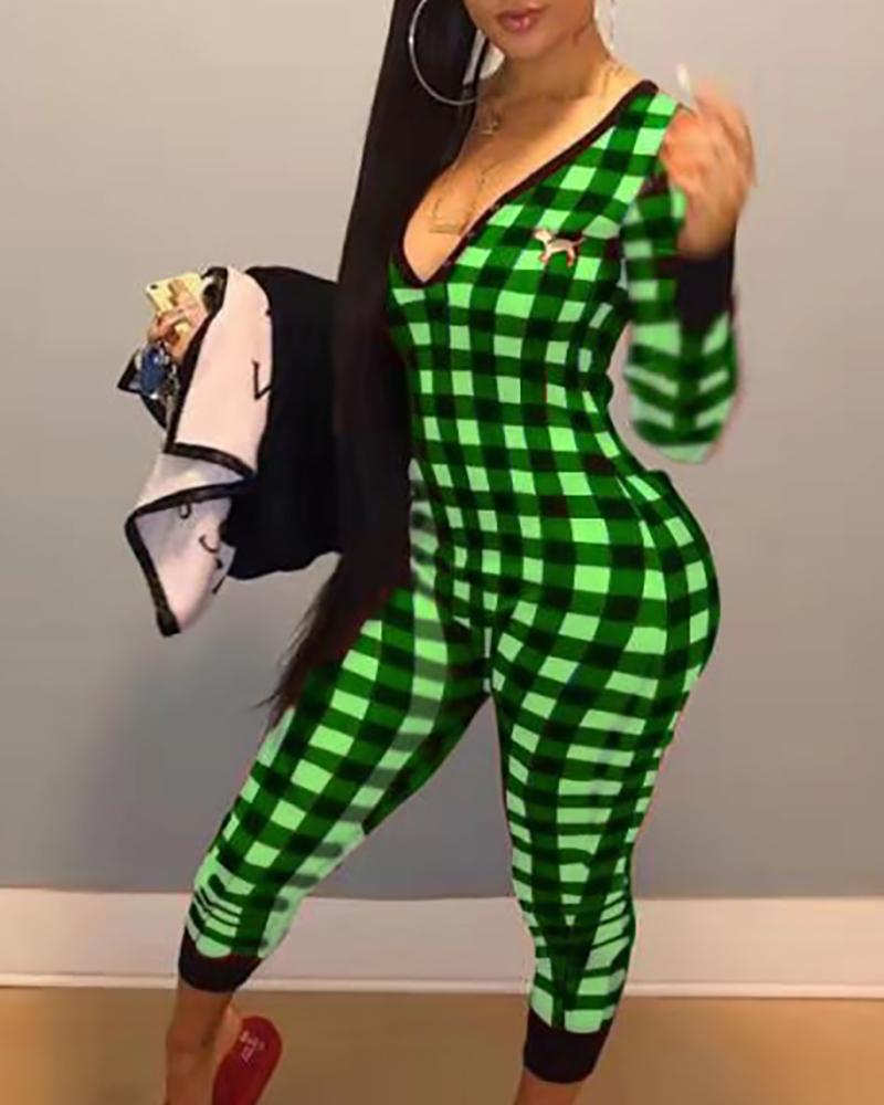 

Plaid Print Deep V-Neck Cropped Jumpsuits, Green