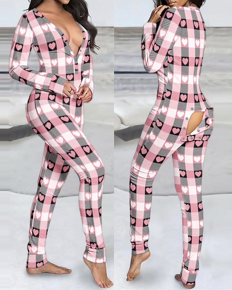 

Heart & Plaid Print Deep V-Neck Long Sleeve Button Front Pajama Jumpsuit Slim Fit Butt Snap Button Onesie, Pink