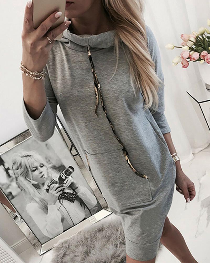 

Long Sleeve Pocket Design Drawstring Hooded Top, Light gray