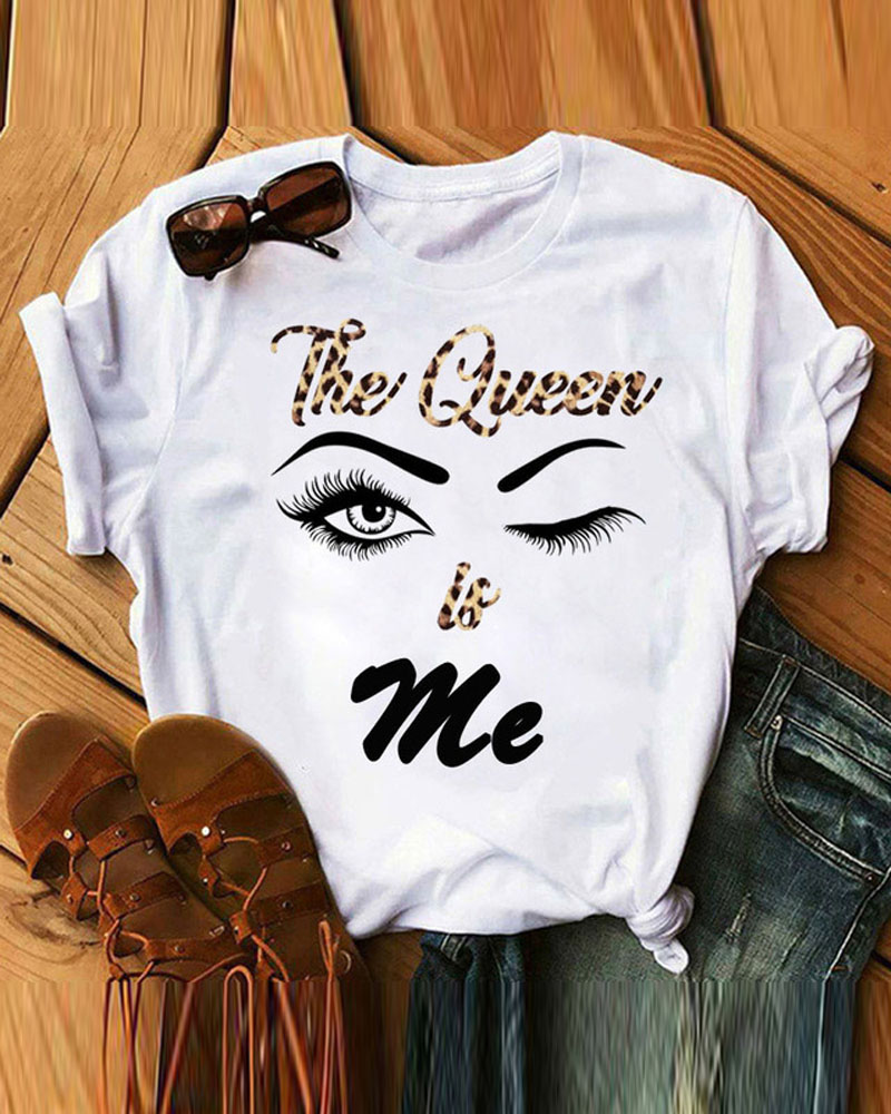 

Leopard Letter Eyes Print Casual T-shirt, White