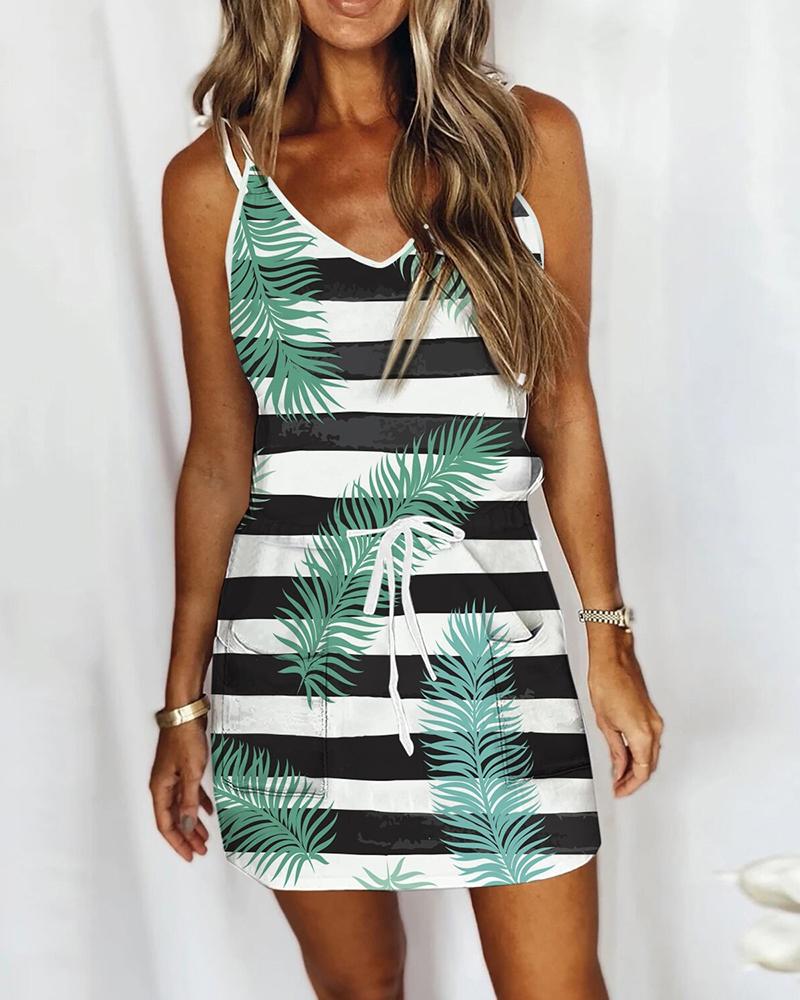 

Plants Striped Print Tied Detail Casual Dress, White