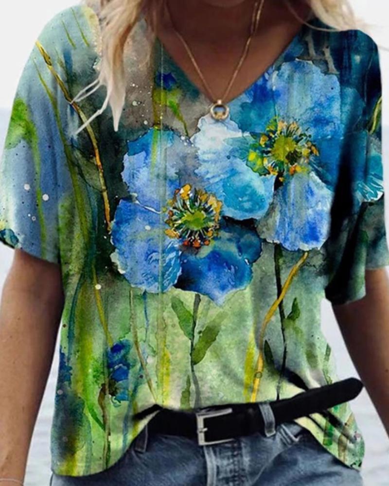 

Floral Print Short Sleeve V Neck T-Shirt, Green