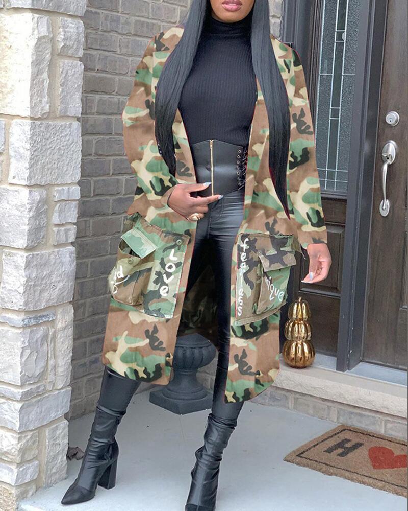 

Camouflage Letter Print Buttoned Pocket Design Longline Coat, Camoflage