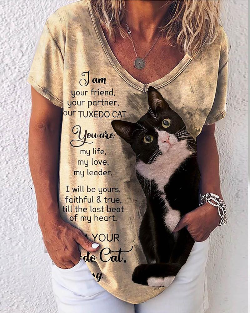 

Cartoon Cat And Letter Print Short Sleeve T-shirt, Khaki