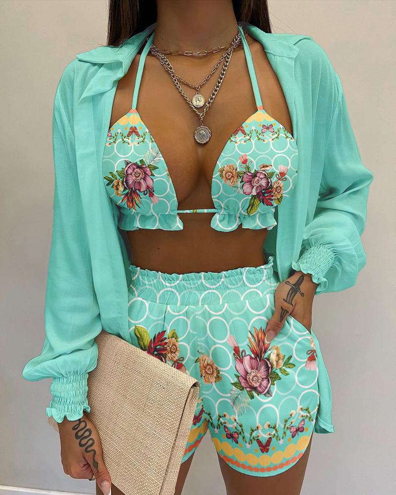 

3PCS Lantern Sleeve Shirt & Floral Print Shorts Set With Crop Top, Lighted blue