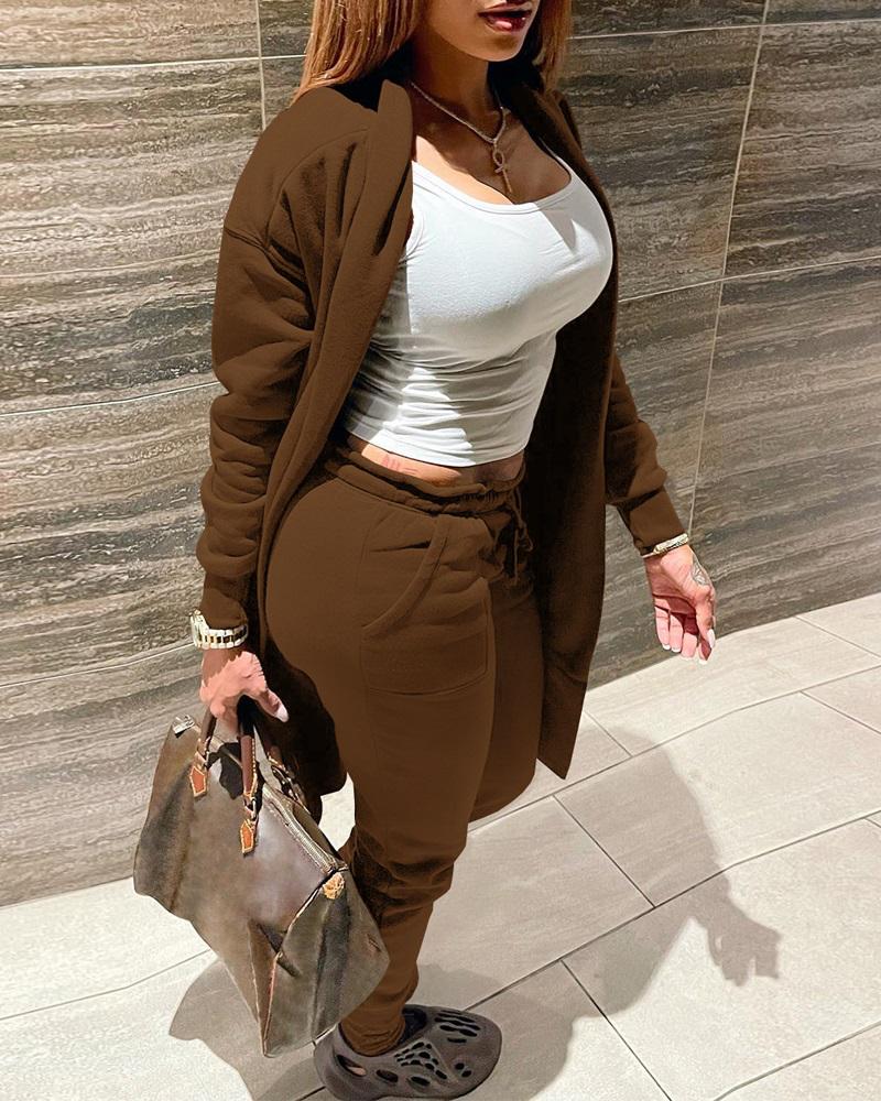 

Long Sleeve Open Front Coat & Drawstring Pants Set, Coffee
