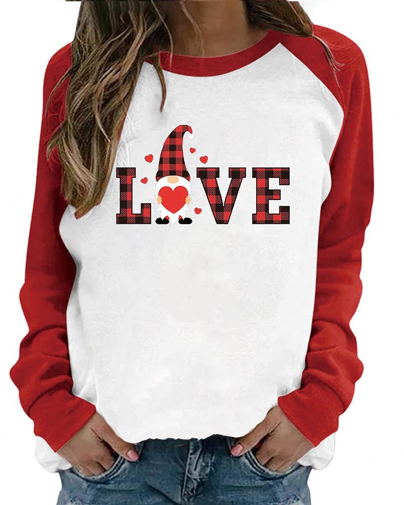 

Valentine's Day Colorblock Plaid Letter Heart Dwarf Print Top, Red