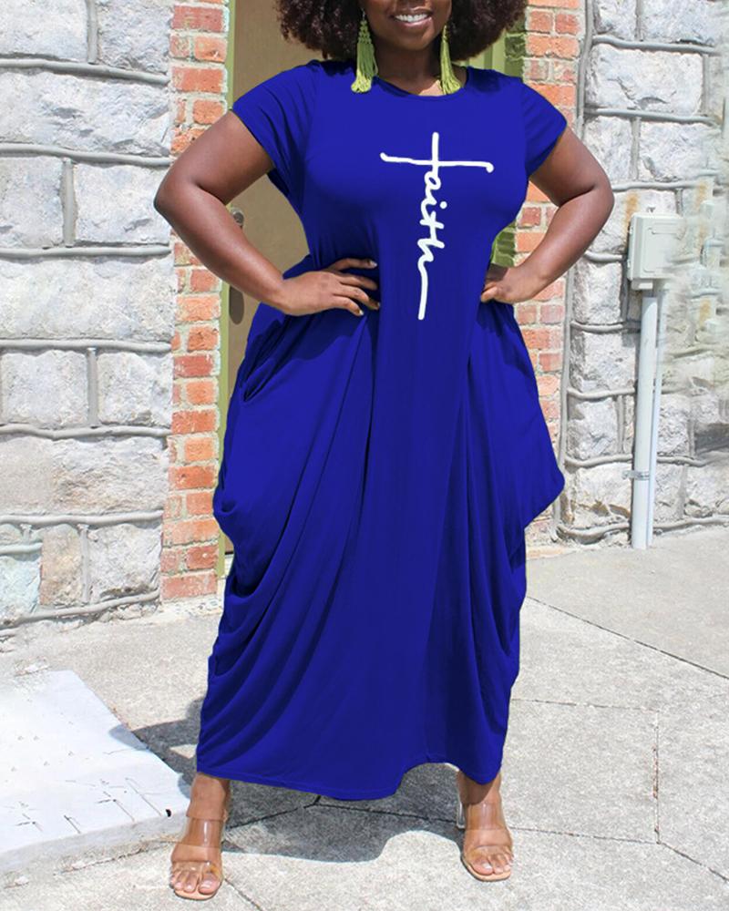 

Draped Solid Color Short Sleeve Maxi Dress, Blue