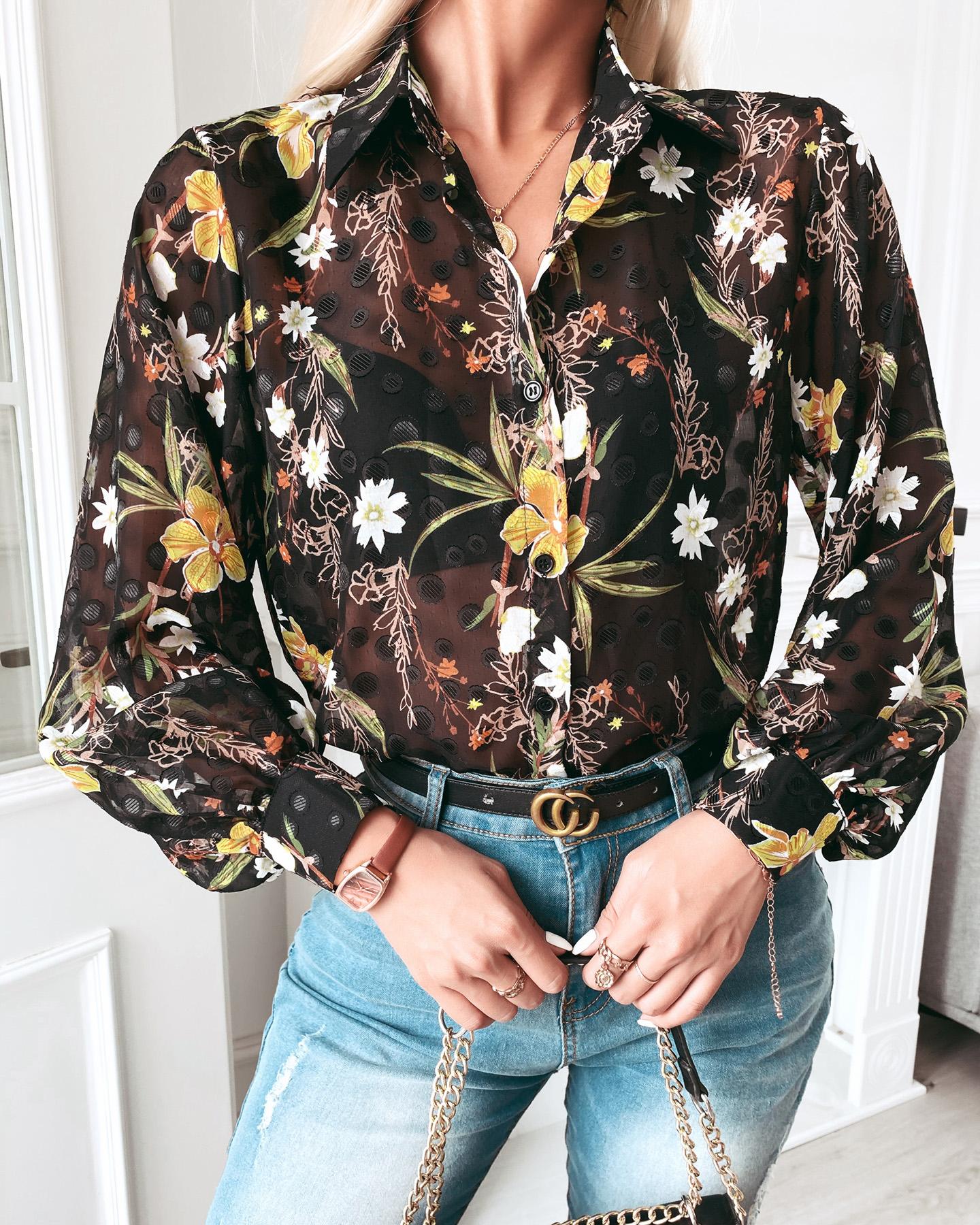 

Floral Print Lantern Sleeve Button Front Shirt, Black