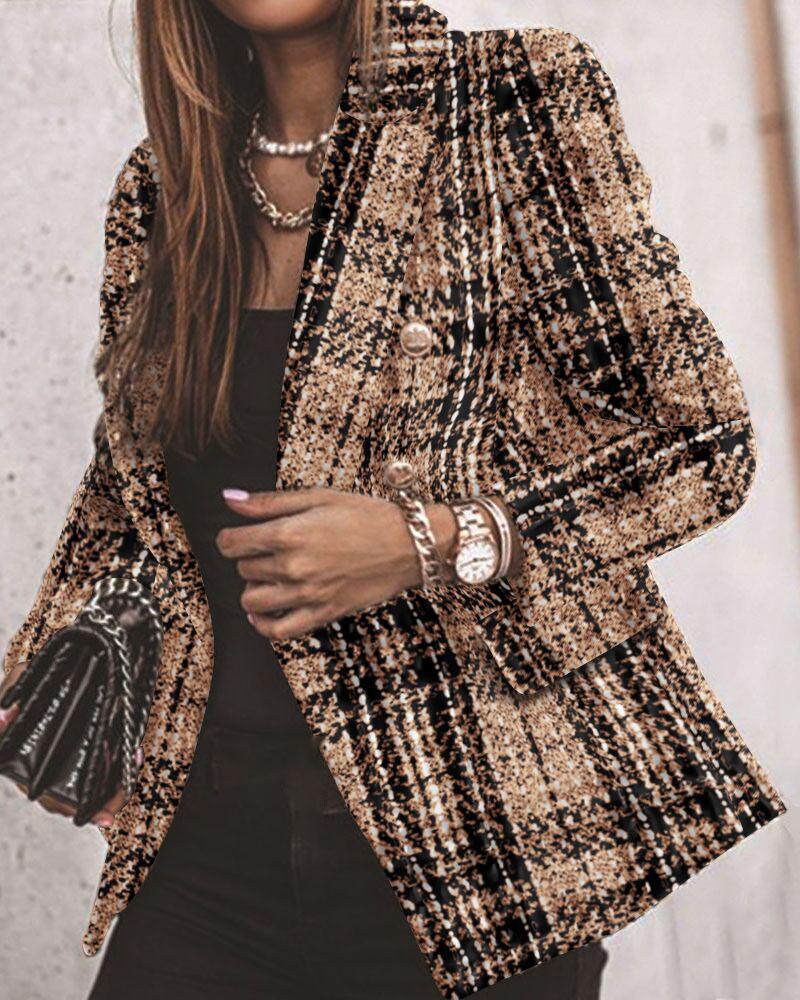 

Plaid Print Lapel Collar Double Breasted Tweed Blazer, Khaki