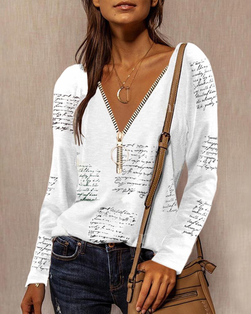 

Letter Print Zipper V-Neck Long Sleeve Top, White