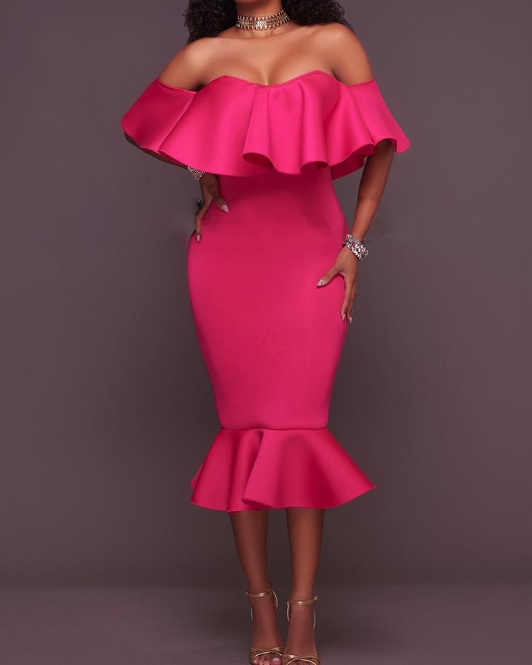 

Elegant Women Frilled Off Shoulder Bodycon Dress, Hot pink