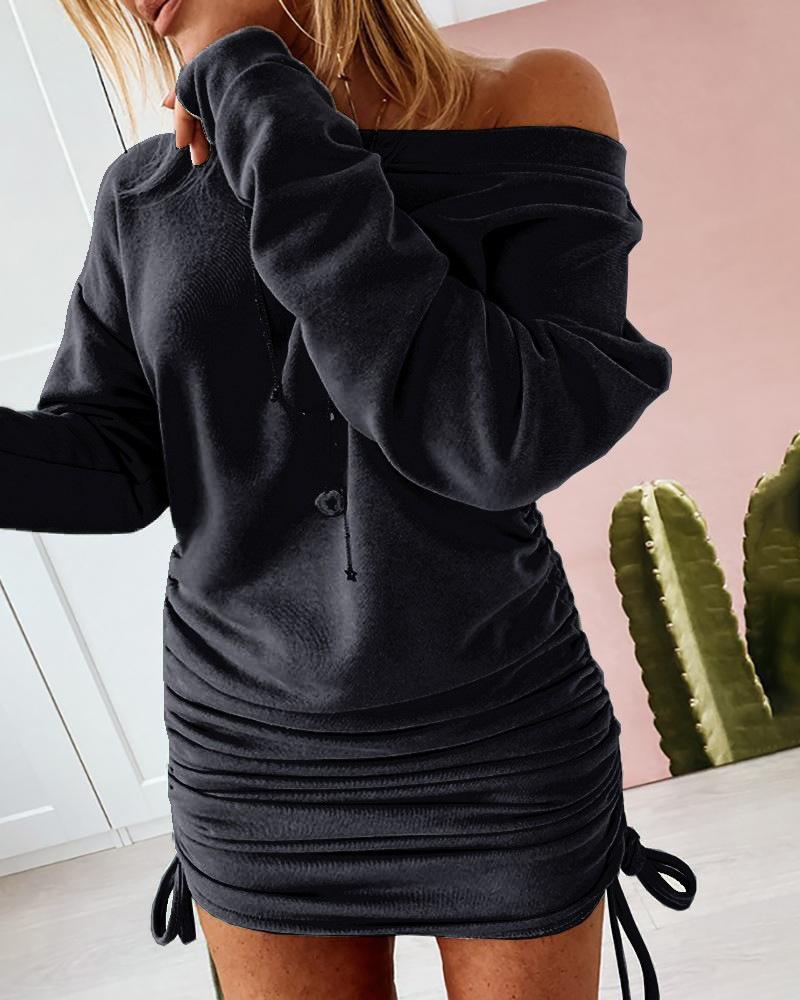 

Long Sleeve Ruched Drawstring Sweatshirt Dress, Black