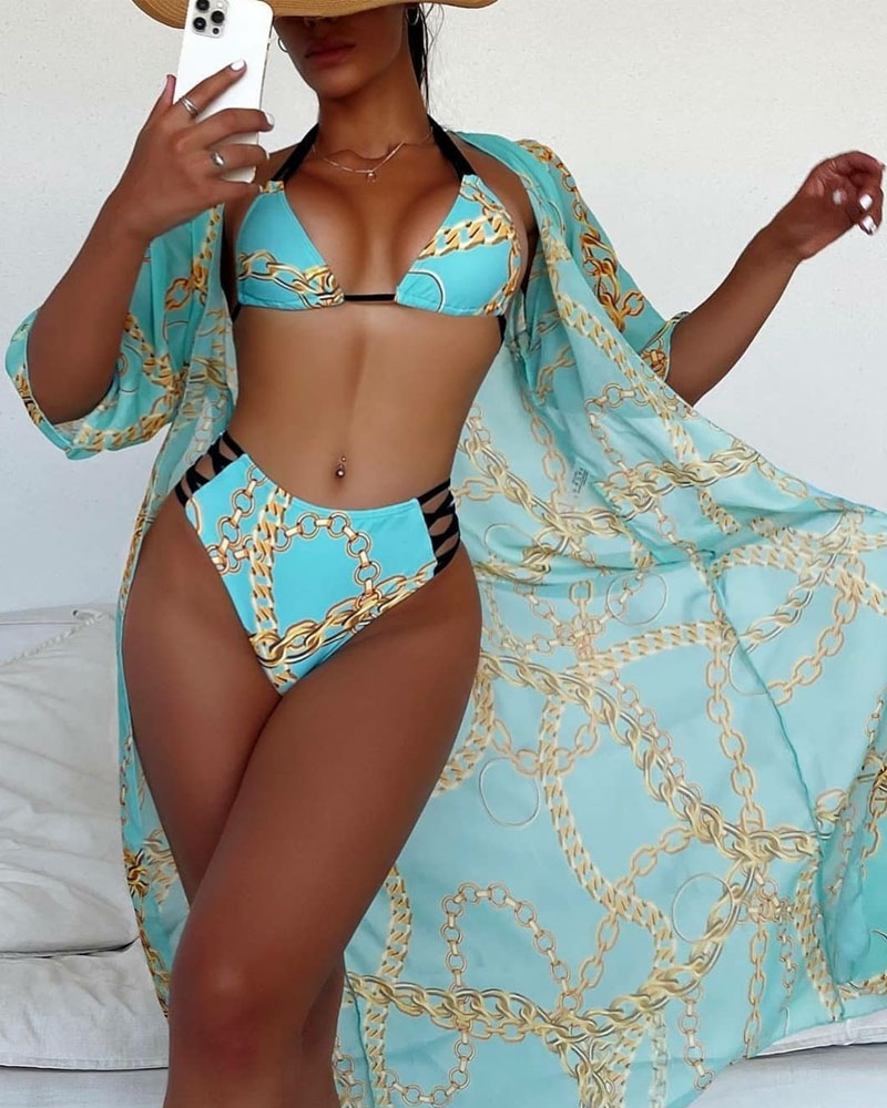 

3PCS Chain Print Lace-up Bikini Set With Cover Up, Blue