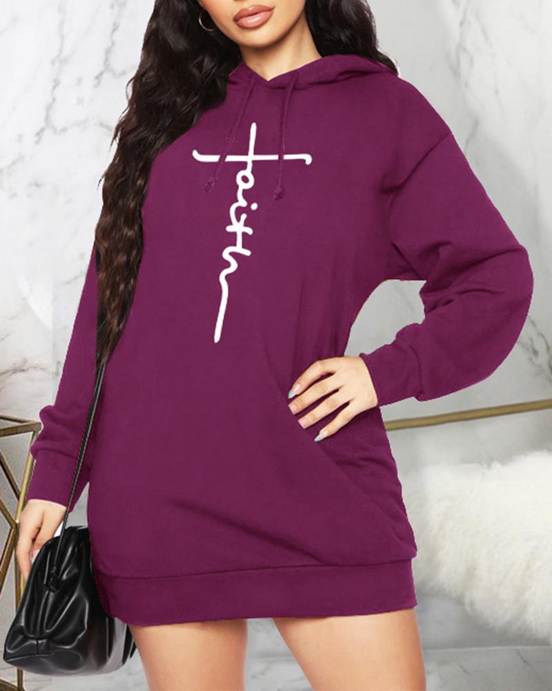 

Letter Print Long Sleeve Hooded Dress, Purple
