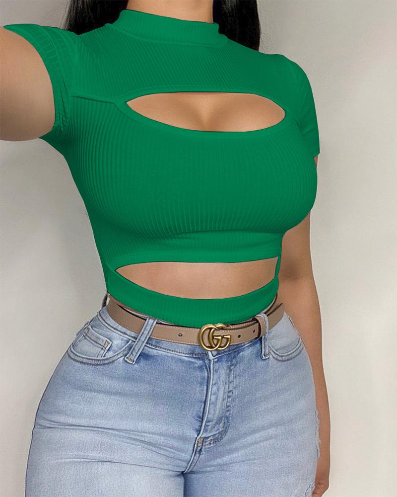 

Ribbed Cutout Front Short Sleeve T-shirt, Green