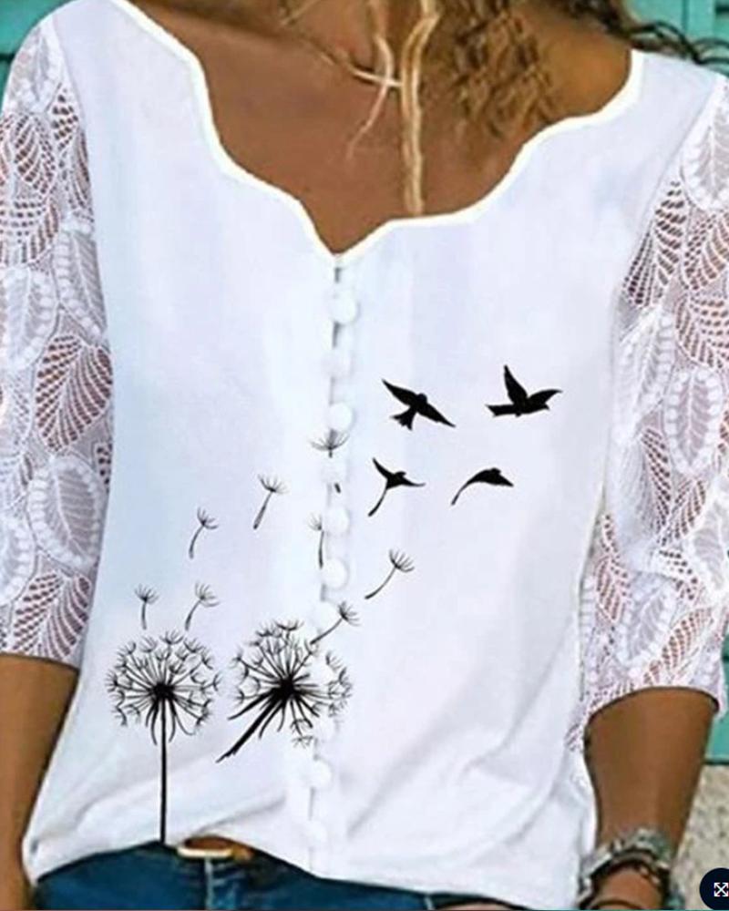 

Swallow Print Three-quarter Sleeve Lace Patchwork Women Blouse, White