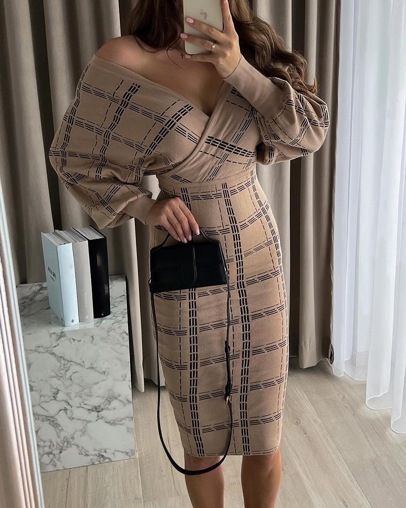

V Neck Lantern Sleeve Striped Print Dress, Apricot