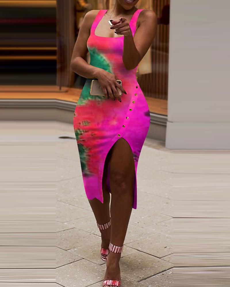 

Rivet Decor Tie Dye Print Slit Thick Strap Dress, Pink