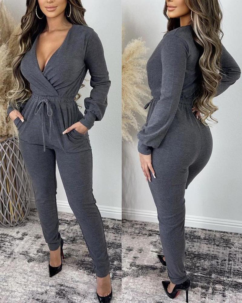 

Lantern Sleeve Drawstring Waist Deep V-Neck Jumpsuit, Gray
