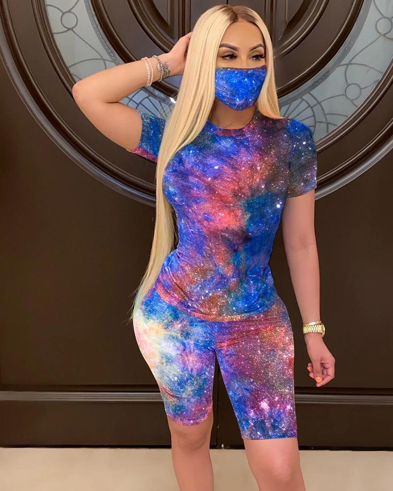 

Tie Dye Print Casual Top With Face Bandana & Shorts Set, Dark blue