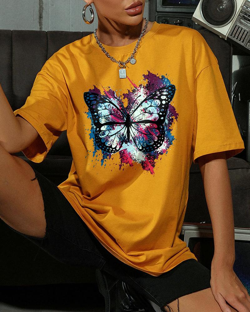 

Multicolor Butterfly Print Short Sleeve T-shirts, Yellow