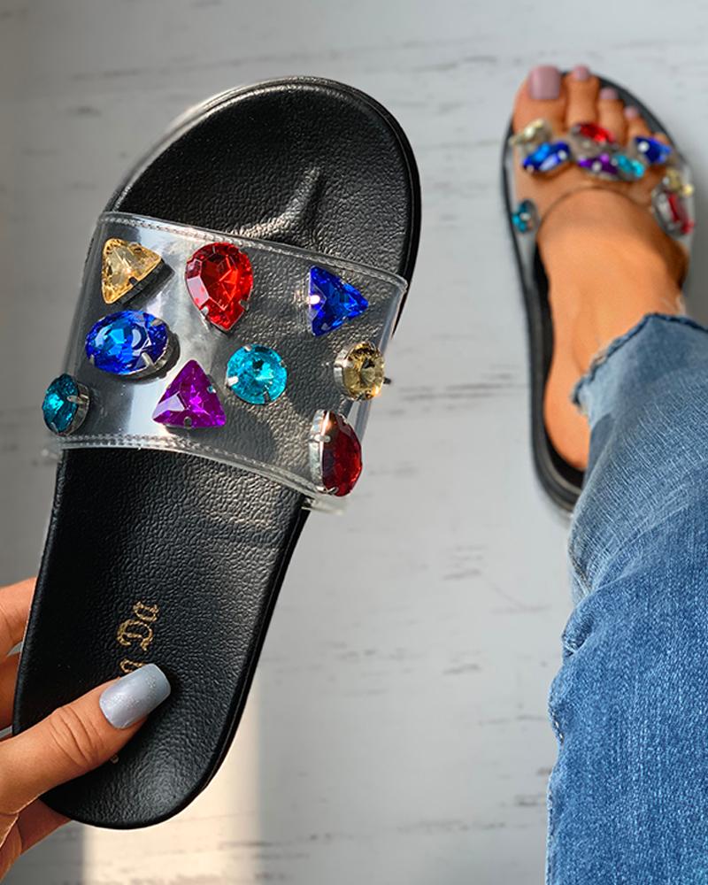 

Rhinestone Open Toe Clear Perspex Platform Sandals, Black