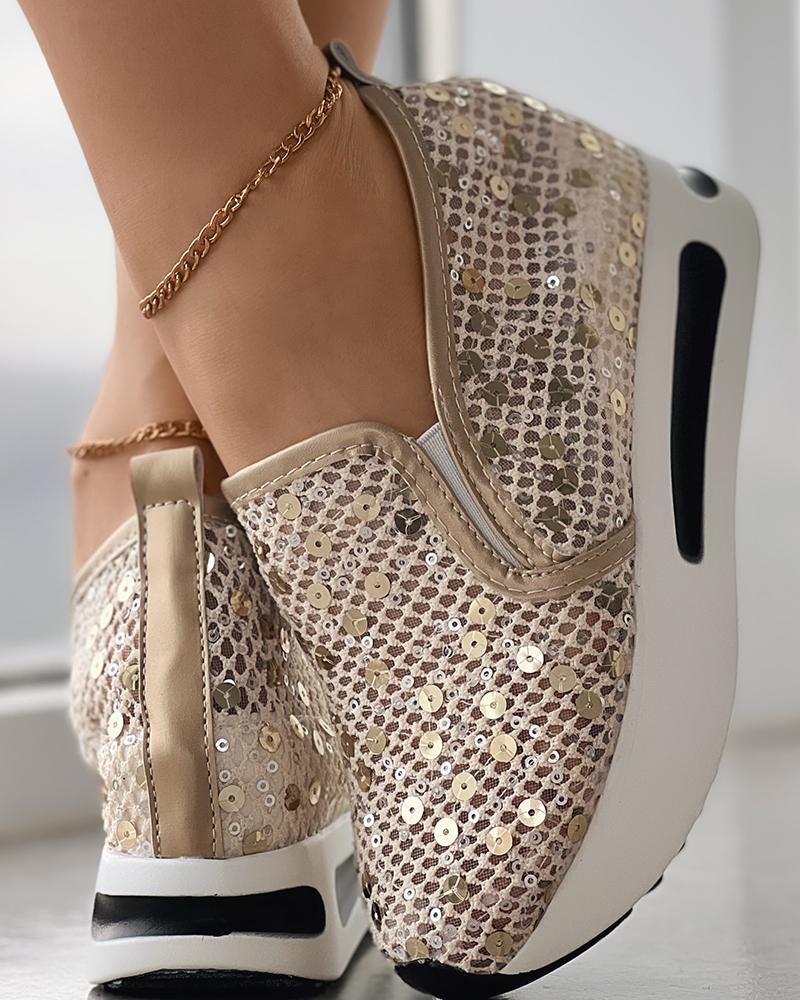 

Sequin Lace Slip On Muffin Sneakers, Gold