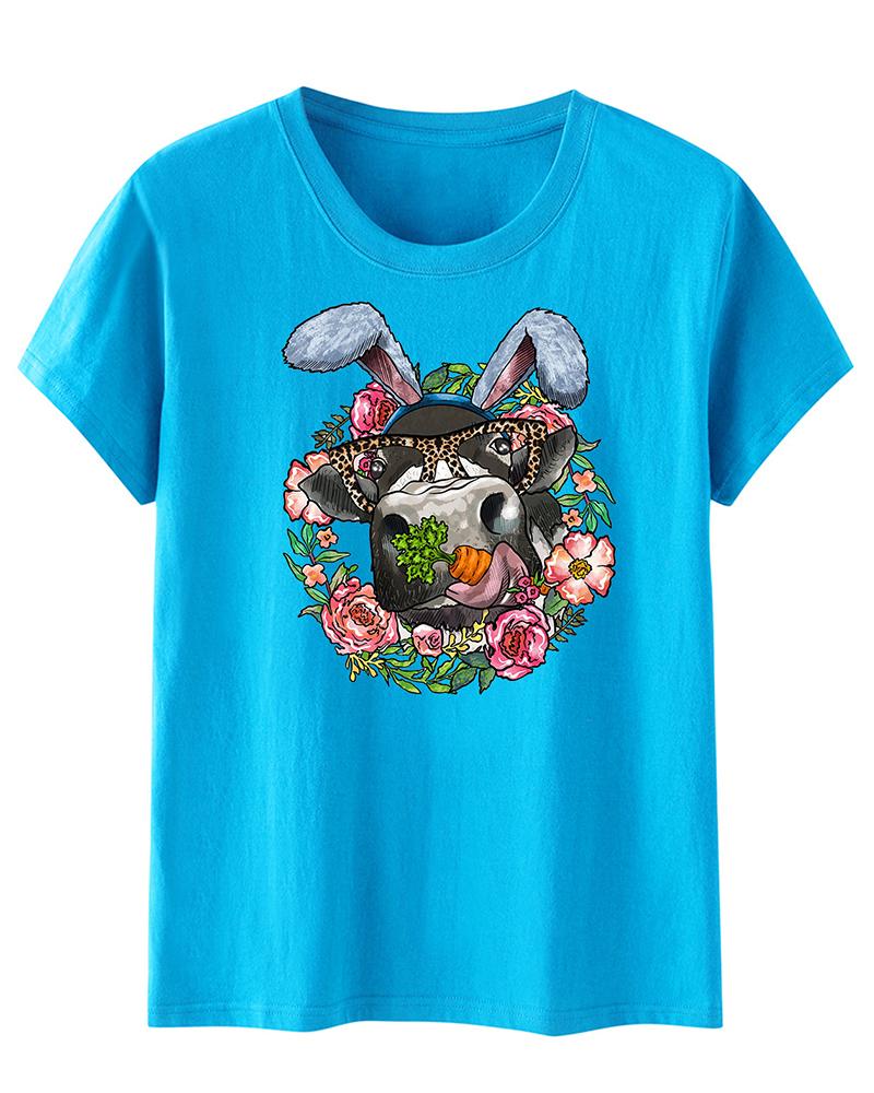 

Easter Cowboy Style Bunny Floral Print Casual T-shirt, Blue