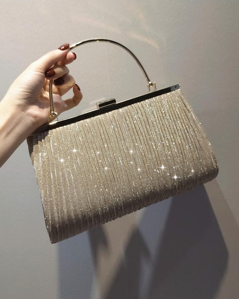 

Glitter Ruched Top Handle Evening Clutch Bag, Nude