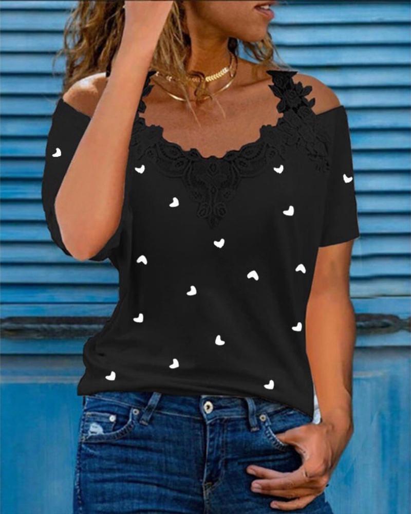

Heart Print Contrast Lace Cold Shoulder Top, Black