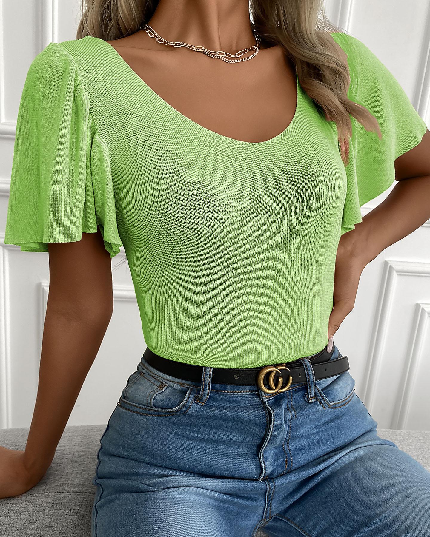 

Ruffle Sleeve V Neck Knit T-Shirt, Green