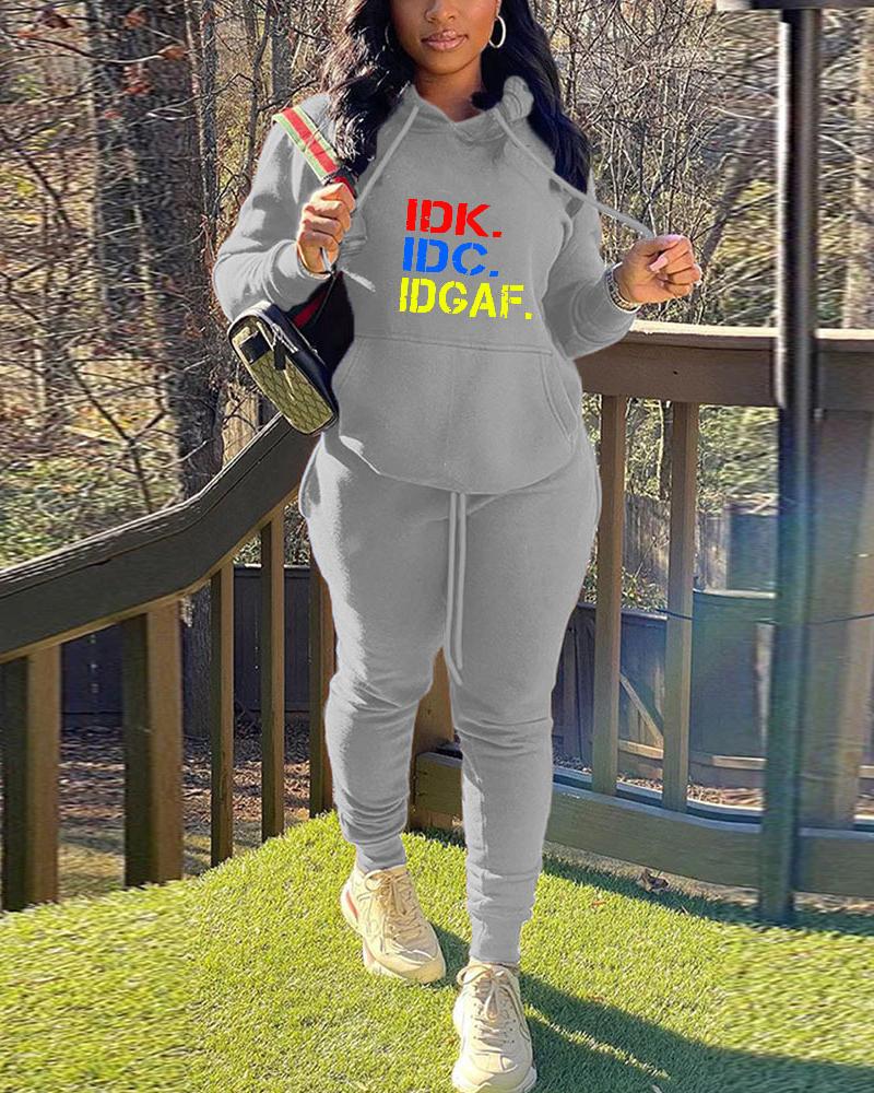 

Plus Size Letter Print Long Sleeve Hoodie & Pants Set, Gray