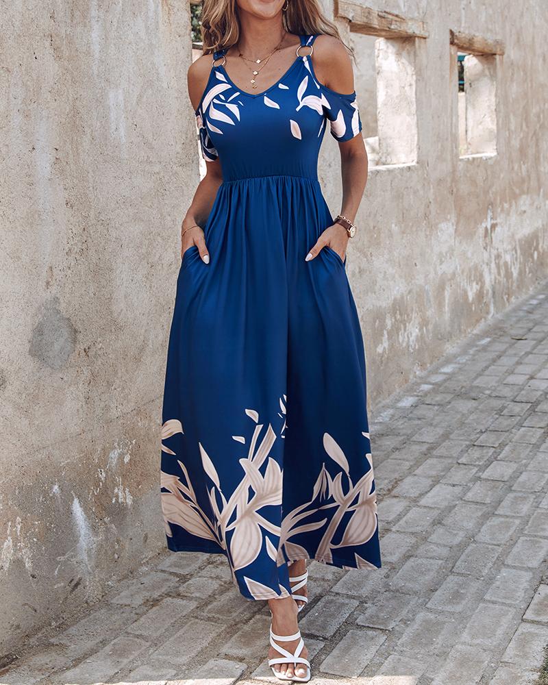 

Plants Print Cold Shoulder Maxi Dress, Purplish blue