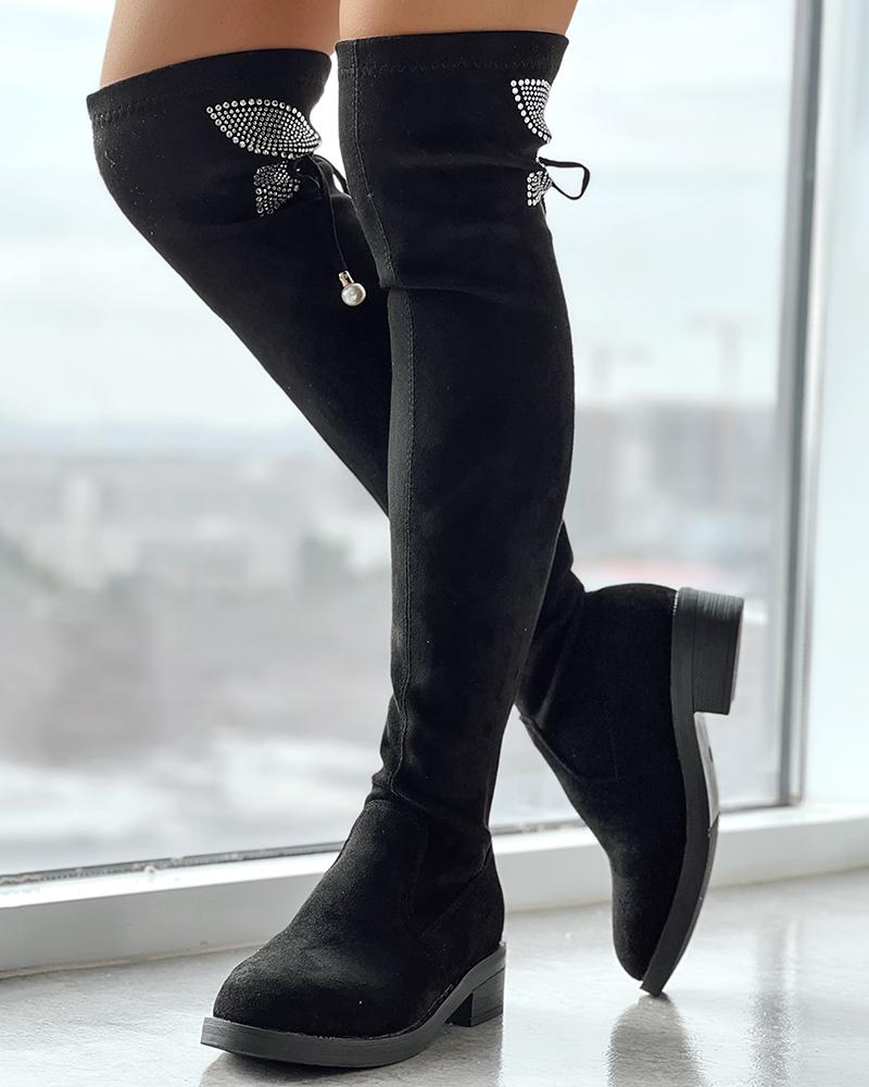 

Rhinestone Butterfly Pattern Tied Detail Boots, Black