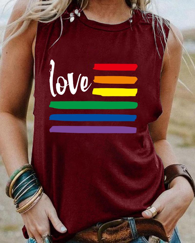 

Rainbow Stripe Love Print Tank Top, Wine red