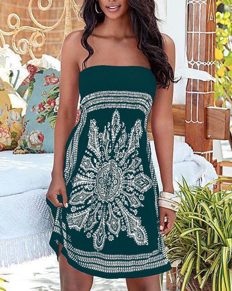 

Vintage Baroque Print Shirred Bandeau Dress, Green