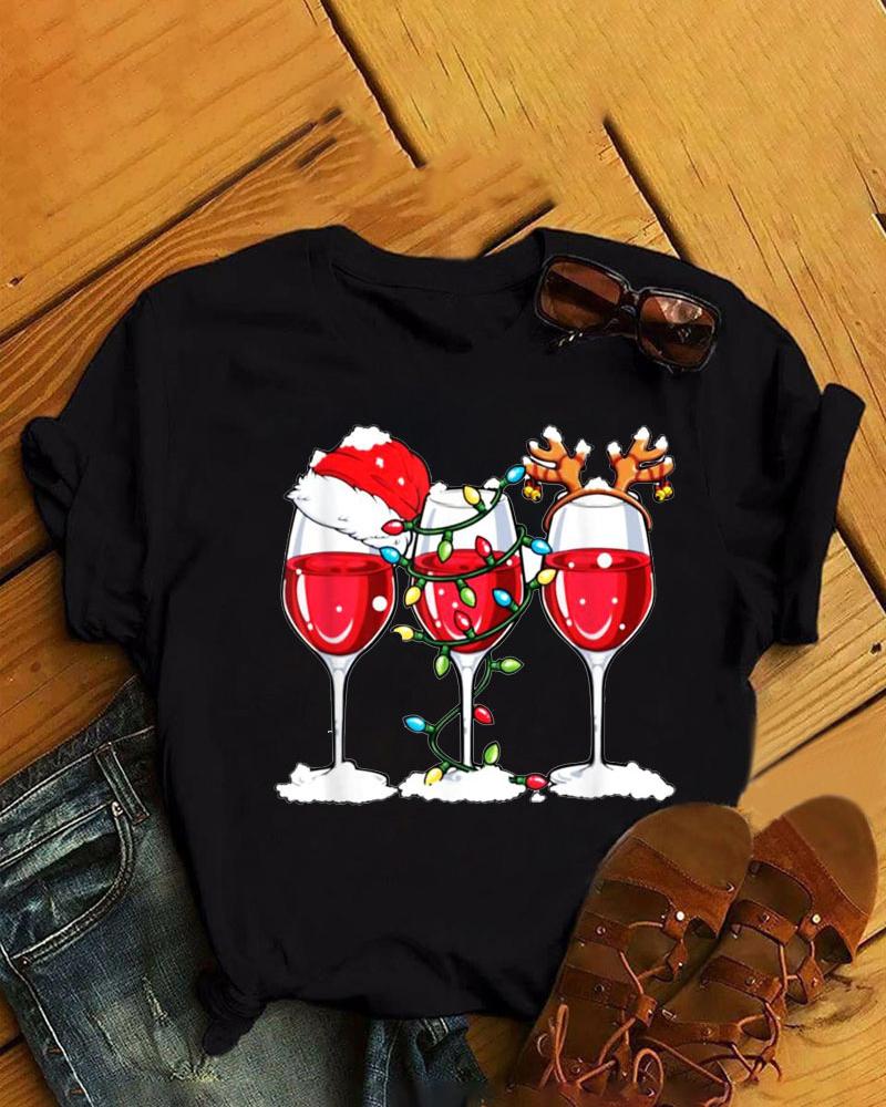 

Christmas Wine Glasses Print Short Sleeve Top, Style1